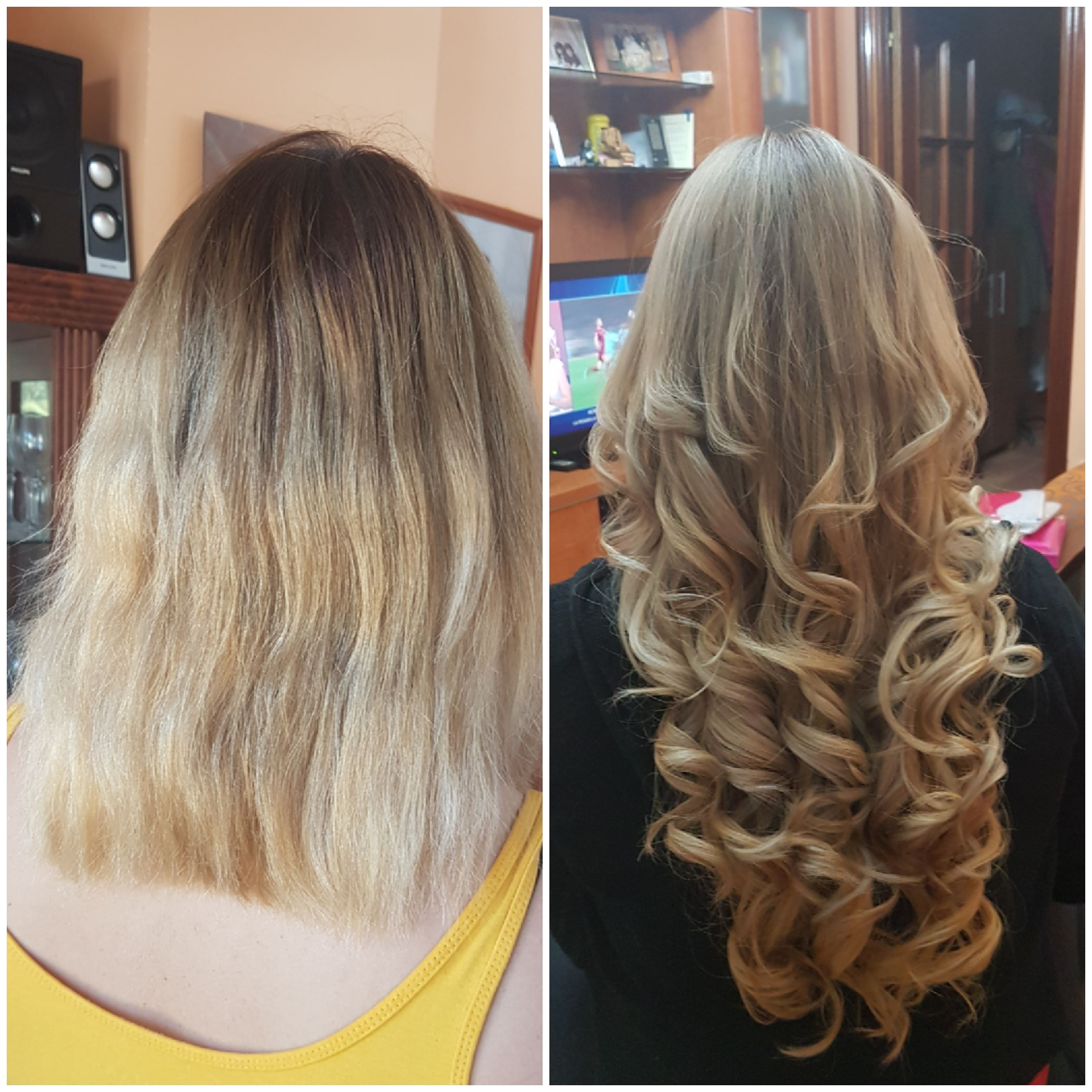 Transformación profesional con extensiones y rizos